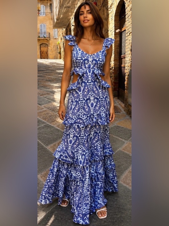 Simply Southern Dresses & Skirts - Simply Southern Blue Paisley Ruffle Maxi Dress, Size Large NWT